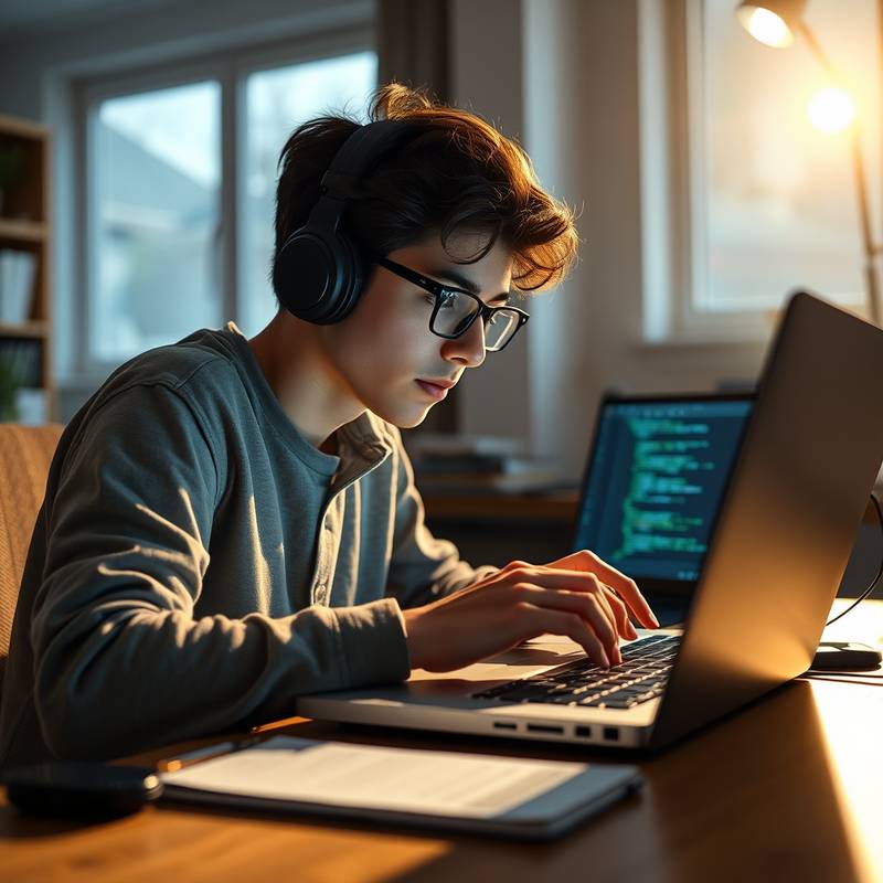 A student studying a coding tutorial on a laptop